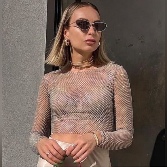 ZARA RHINESTONE MESH CROP TOP - Picture 3 of 11